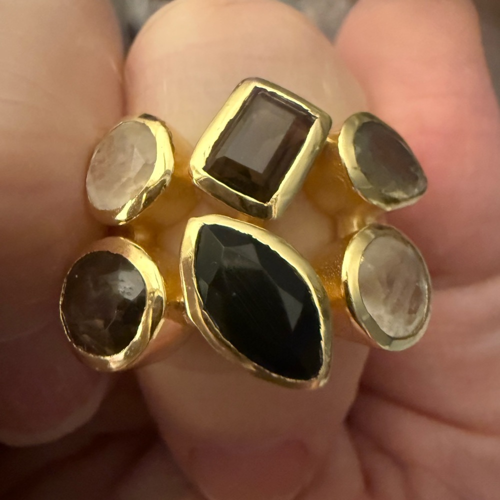 Gold Gemstone Cocktail Ring with Black onyx, moonstone, labradorite, Smoky topaz